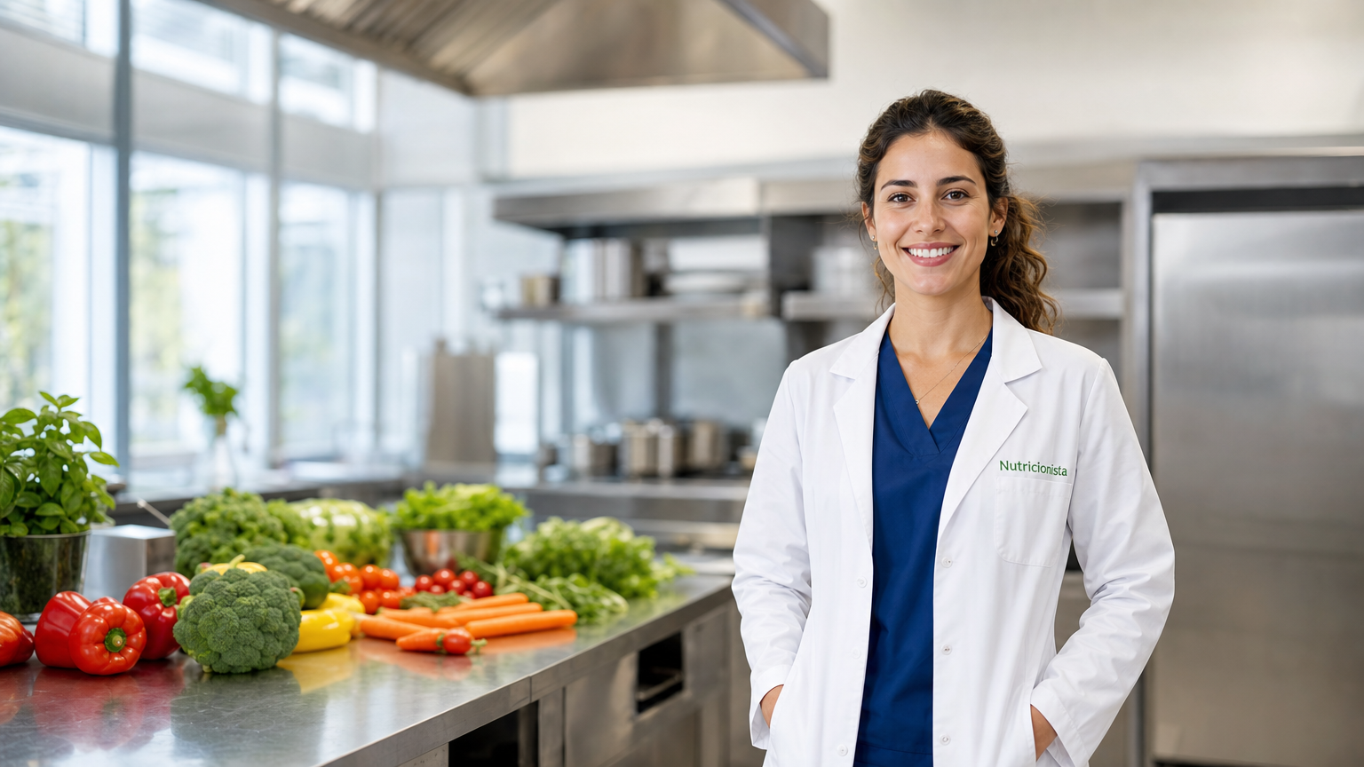Nutricionista em cozinha profissional limpa e organizada